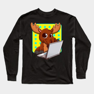 Canadian Moose With A Laptop Cute Moose Merchandise Long Sleeve T-Shirt